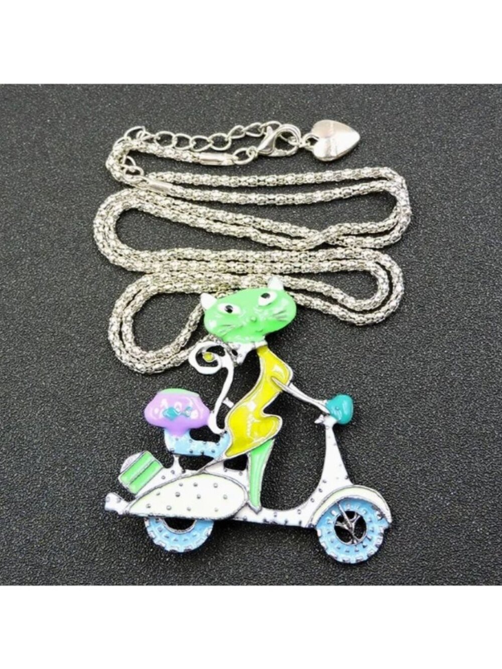 Betsey Johnson Necklace Enamel Cat on Scooter Brooch / Pendant Silver Tone